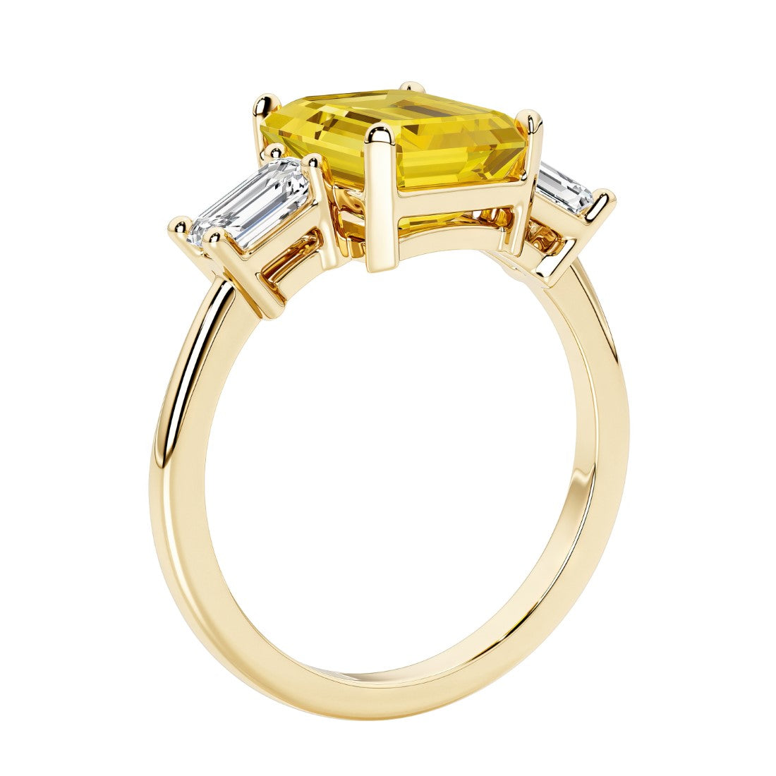 Emerald cut 3 diamond ring representing past, present, and future featuring yellow gemstone center.