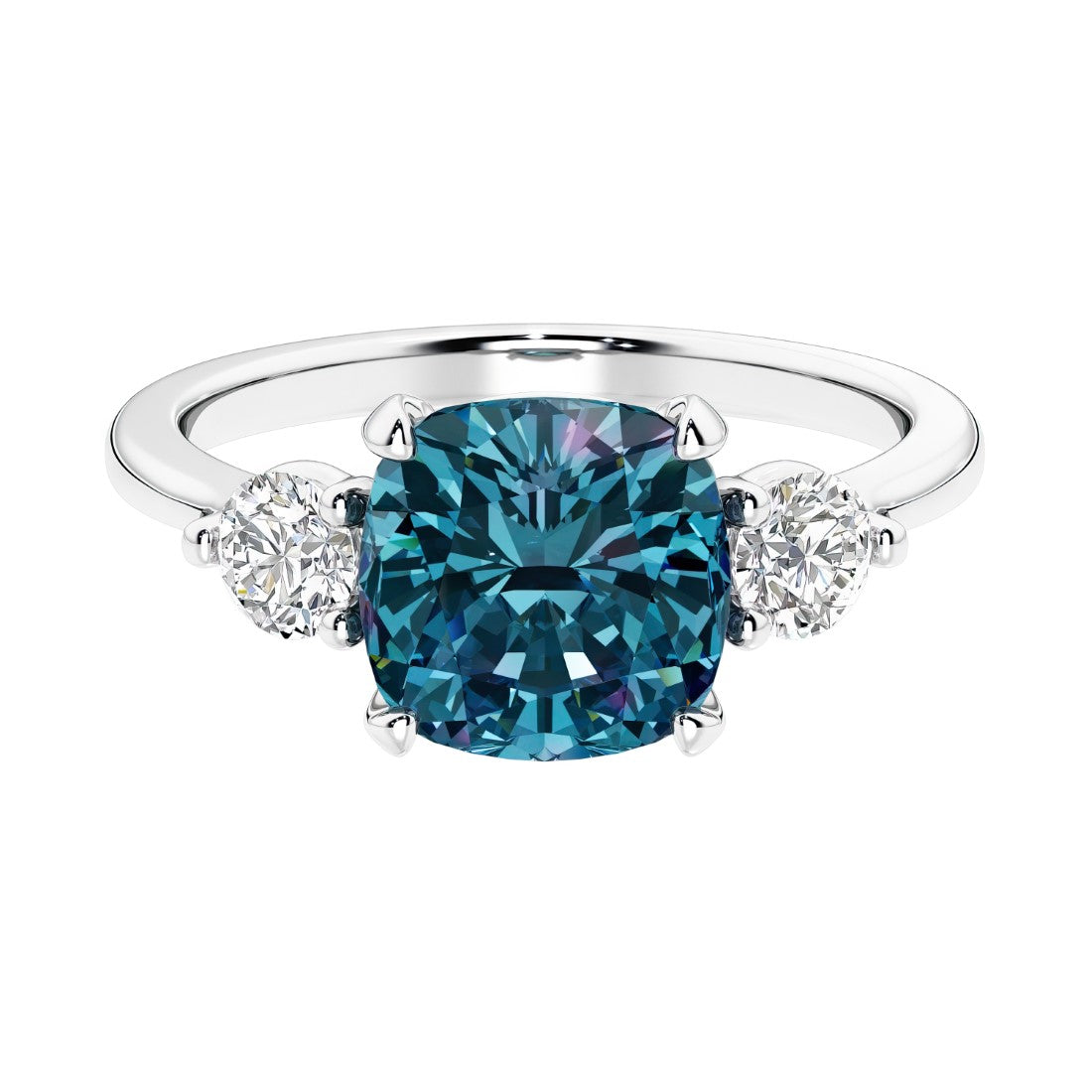 Cushion shaped engagement ring with brilliant diamonds.