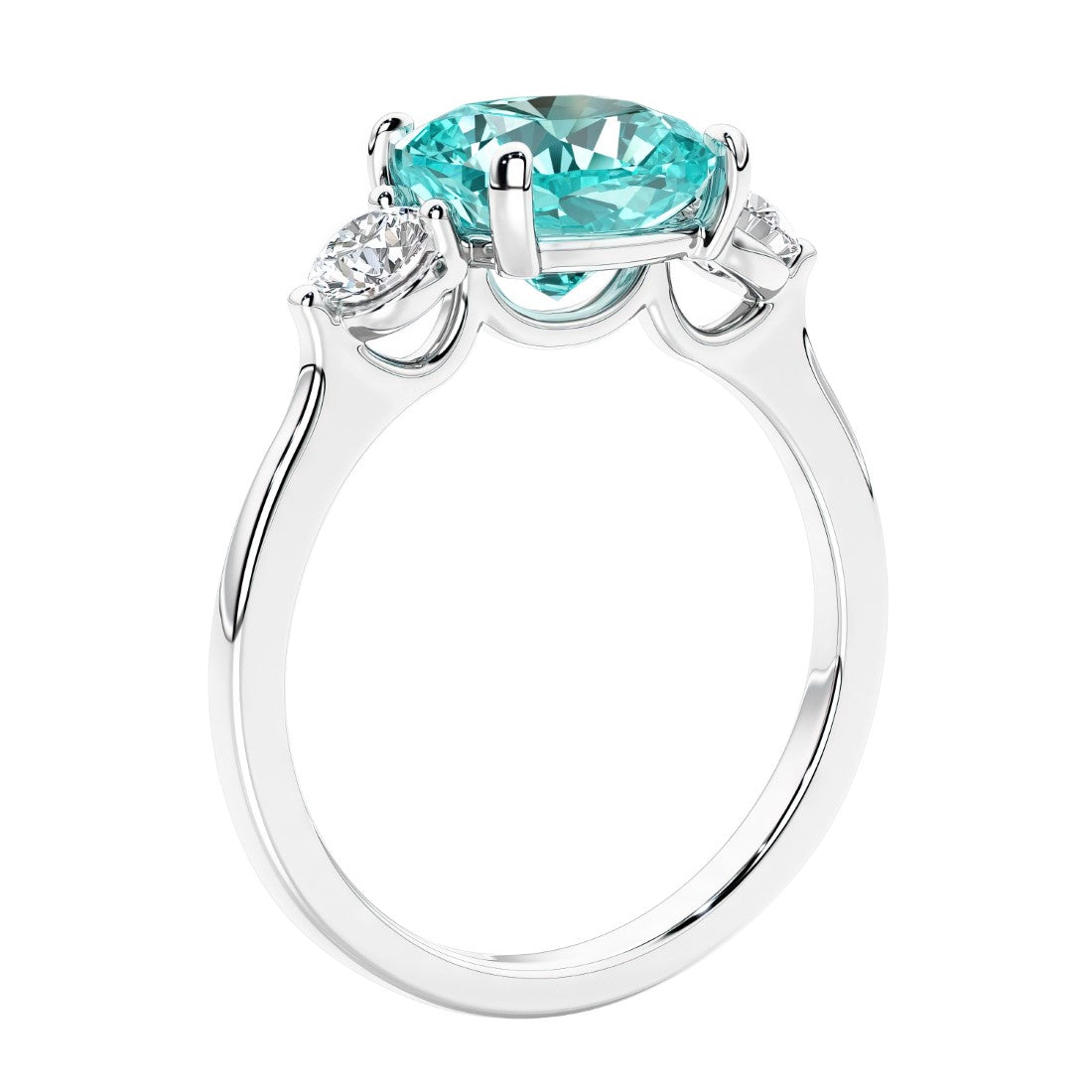 Cushion cut diamond ring with paraiba tourmaline as a unique engagement ring featuring three stone design.