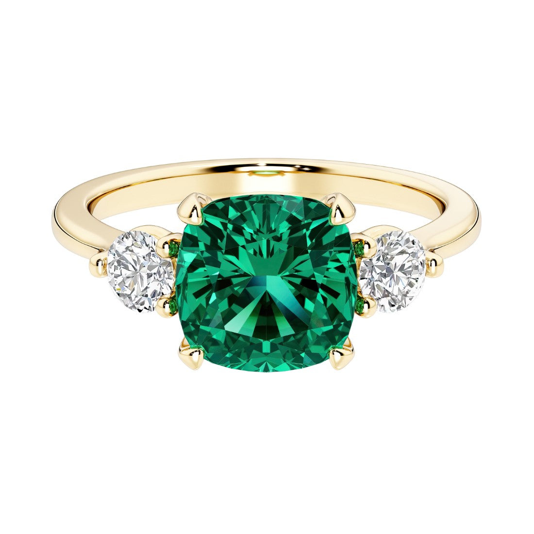 Cushion cut 3 stone engagement ring with soft corners and vintage charm.