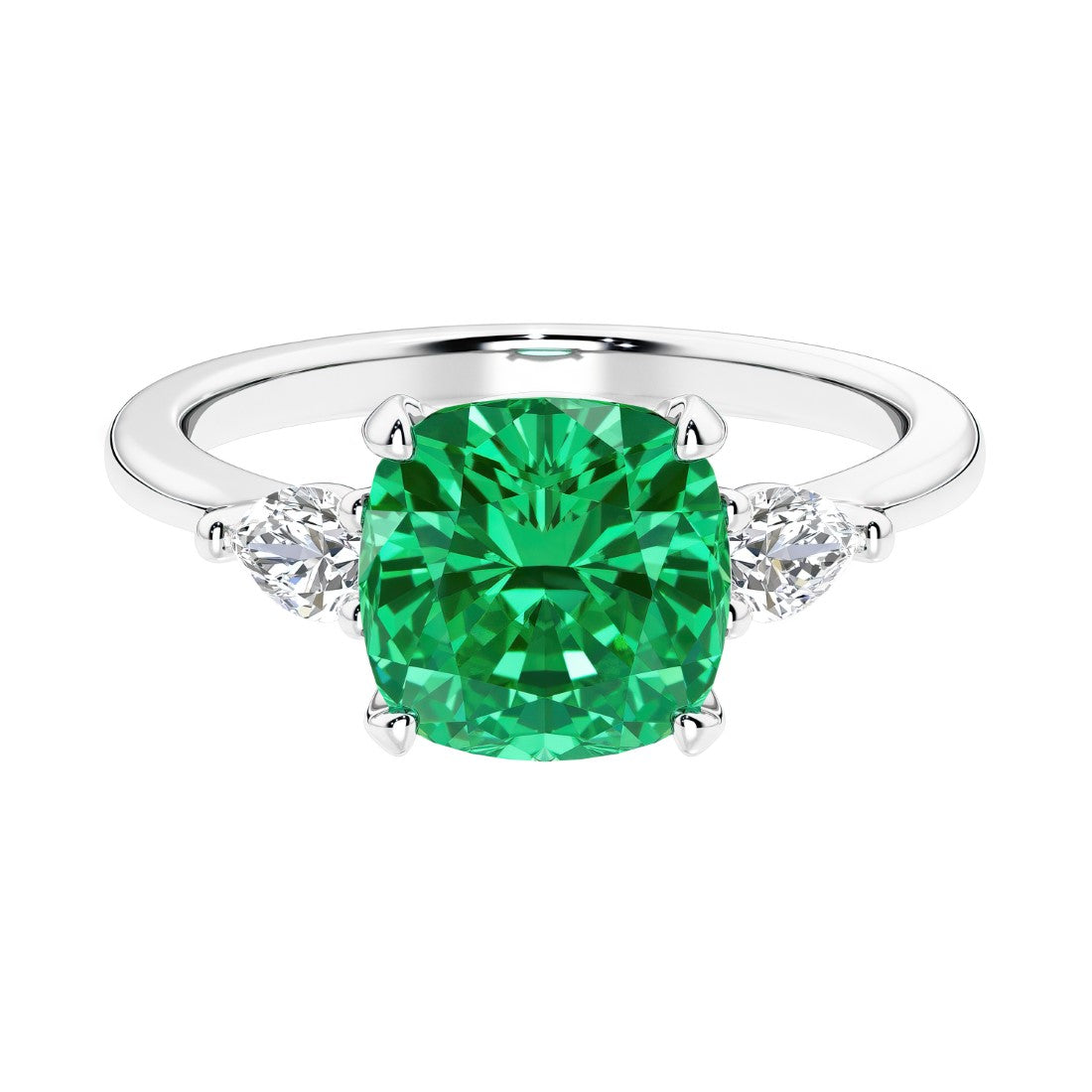 Cushion shaped engagement ring with brilliant diamonds and colombian emerald.