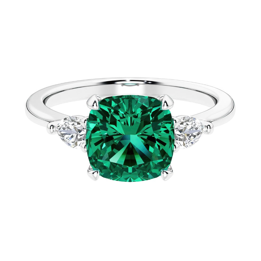 Cushion shaped engagement ring with brilliant diamonds and green emerald.