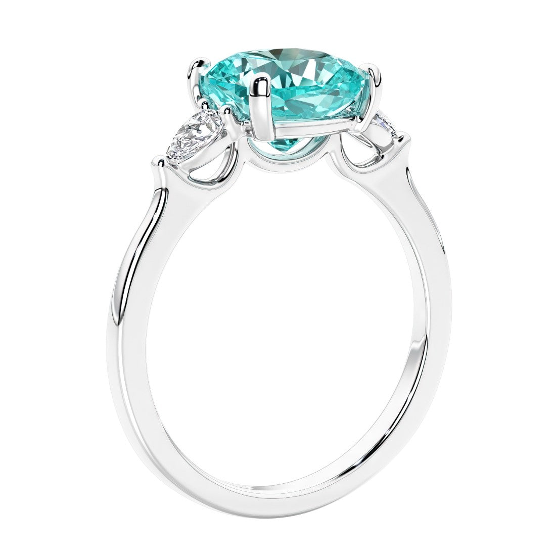 Cushion cut diamond ring as a unique engagement ring featuring three stone design with paraiba tourmaline and diamonds.