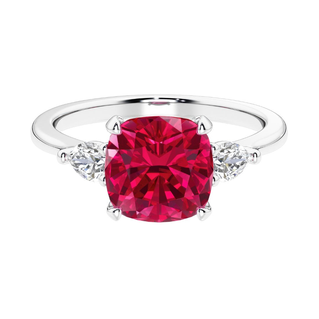 Cushion shaped engagement ring with brilliant diamonds and red ruby.