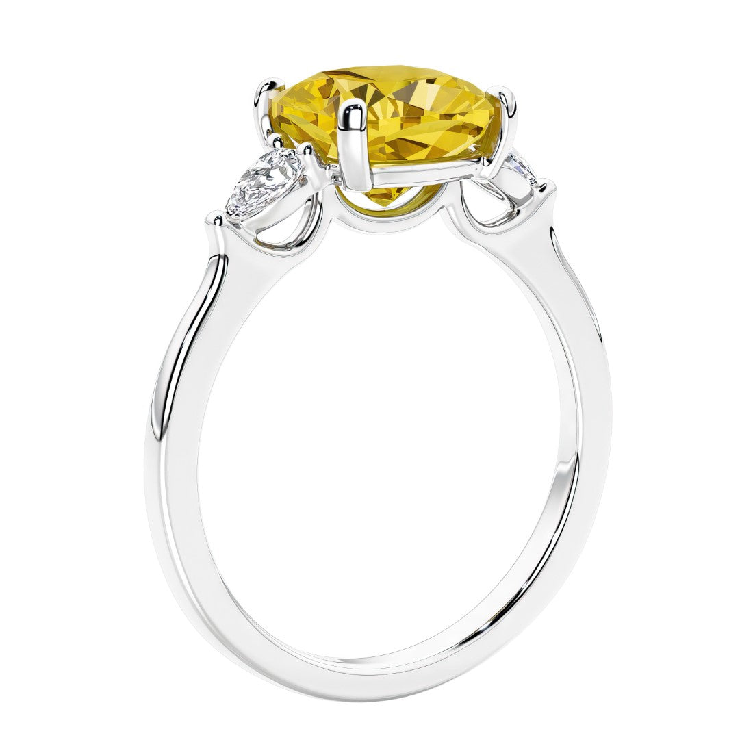 Cushion cut diamond ring as a unique engagement ring featuring three stone design with yellow sapphire and diamonds.