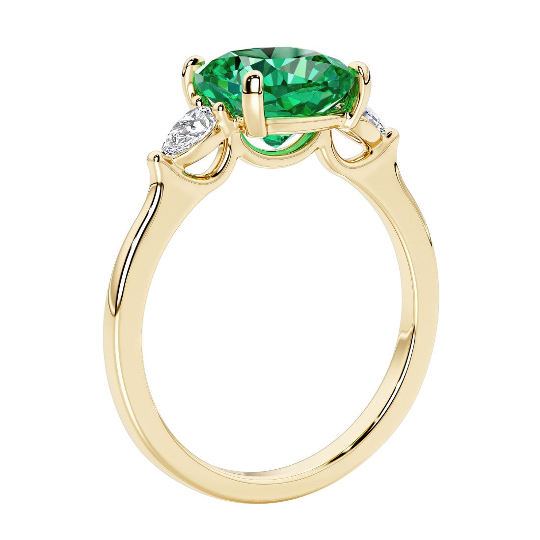 Three stone cushion diamond ring in yellow gold setting with colombian emerald and diamonds.