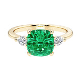 Cushion cut 3 stone engagement ring with soft corners and vintage charm.