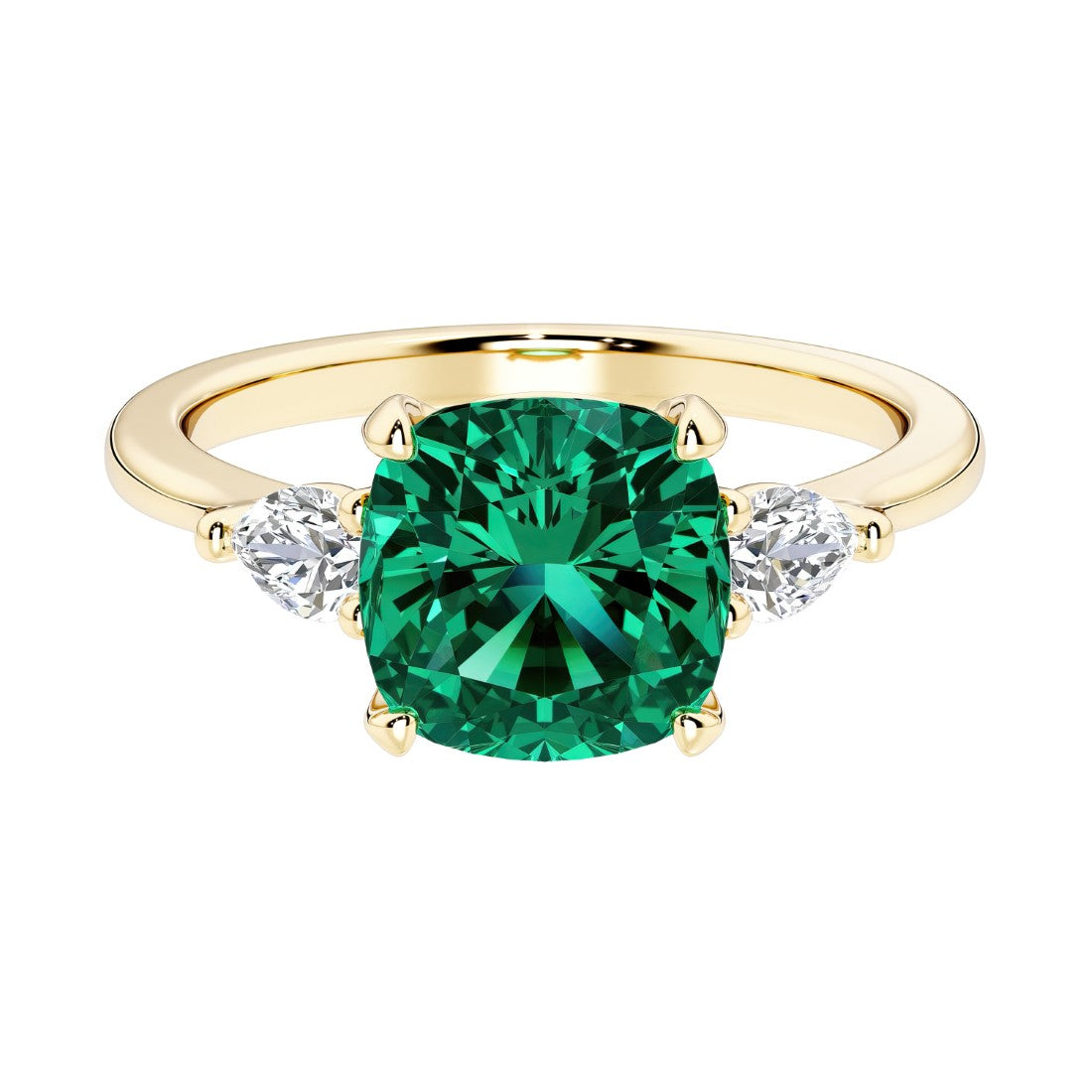 Cushion cut 3 stone engagement ring with soft corners and vintage charm.