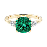 Cushion cut 3 stone engagement ring with soft corners and vintage charm.