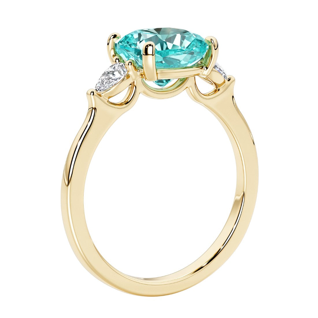 Three stone cushion diamond ring in yellow gold setting with paraiba tourmaline and diamonds.