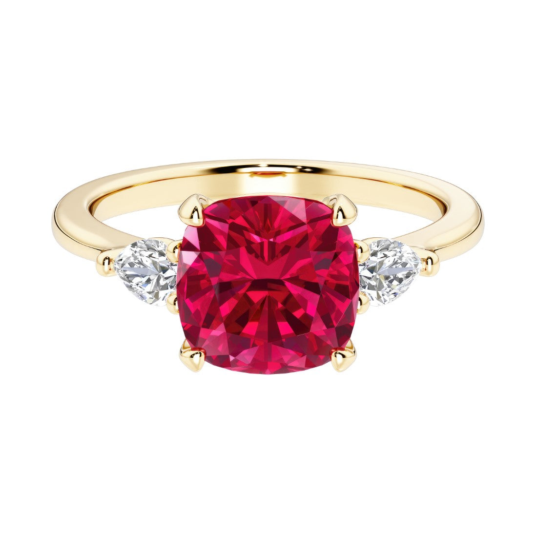 Cushion cut 3 stone engagement ring with soft corners and vintage charm.