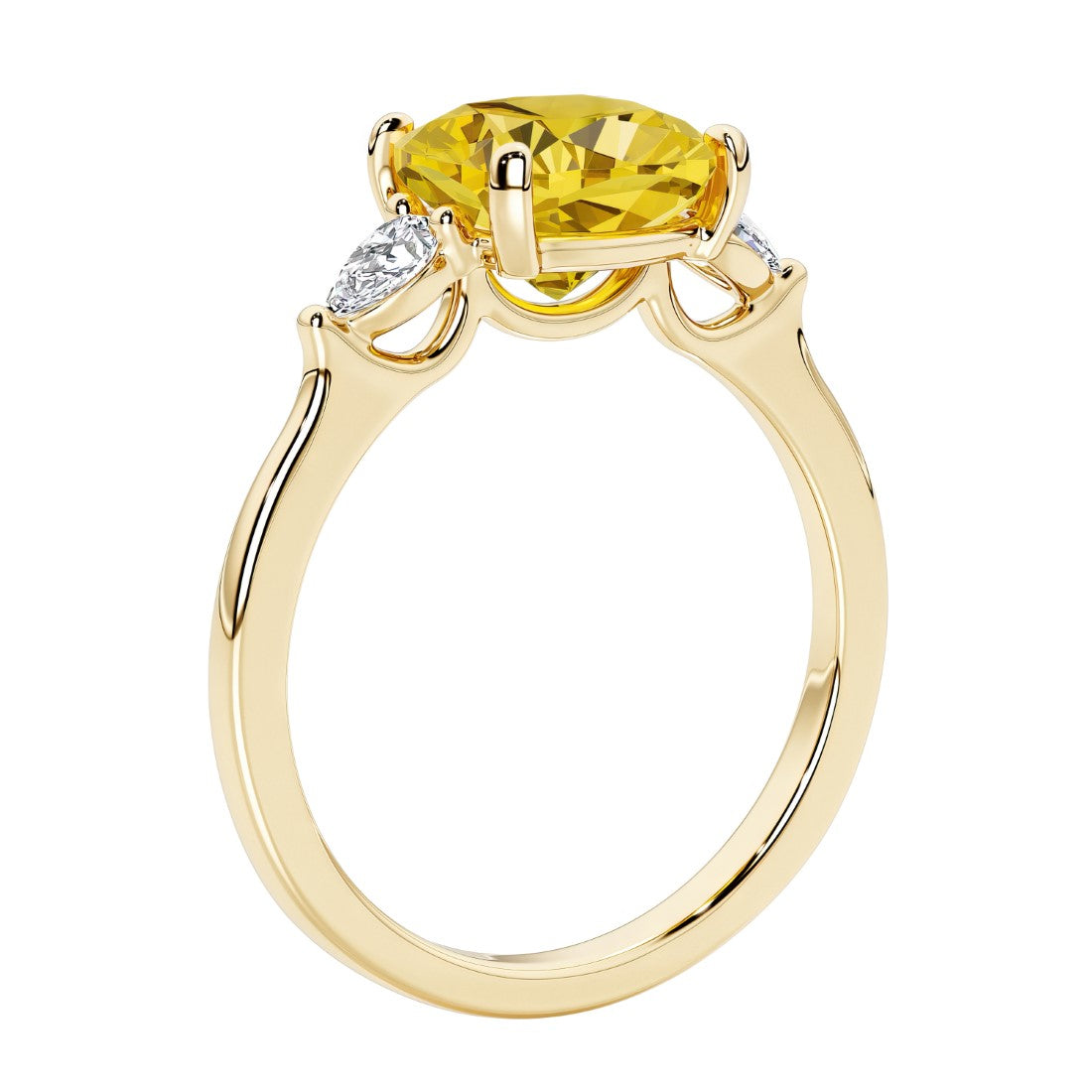 Three stone cushion diamond ring in yellow gold setting with yellow sapphire and diamonds.