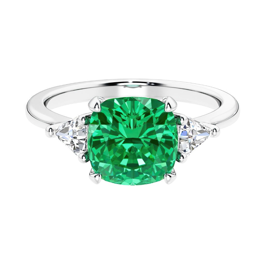 Cushion shaped engagement ring with brilliant diamonds and colombian emerald.