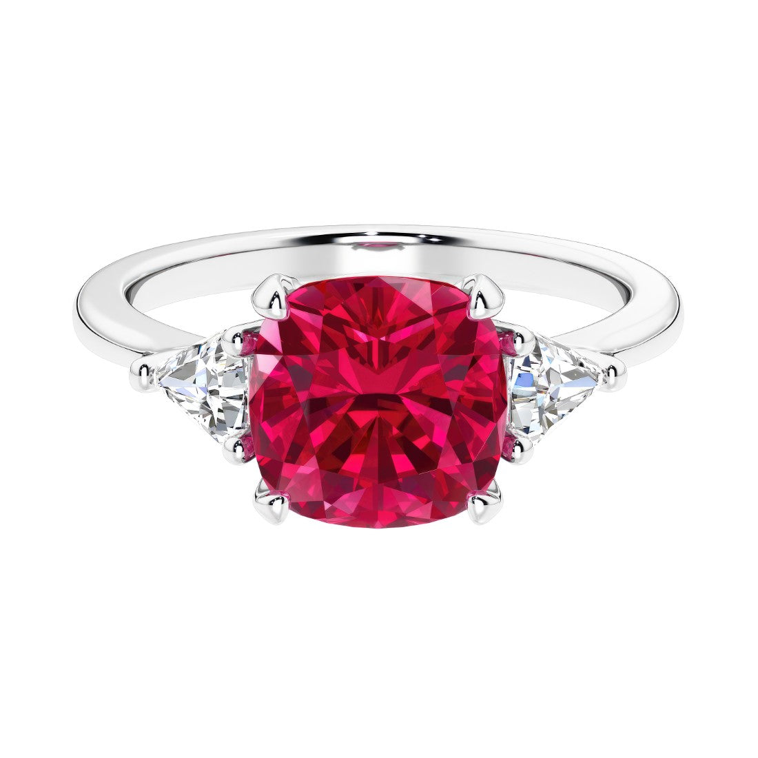 Cushion shaped engagement ring with brilliant diamonds and ruby.