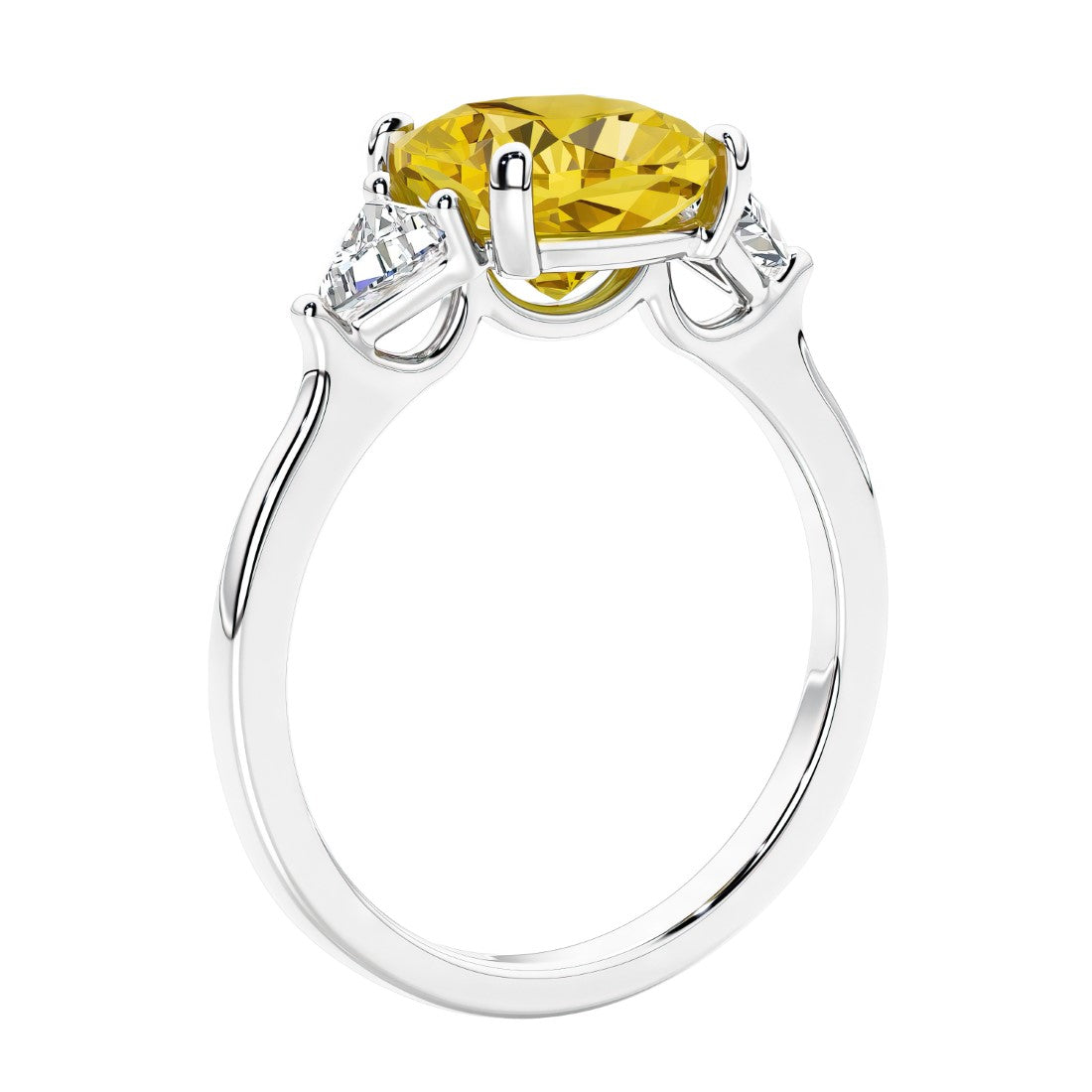 Cushion cut diamond ring as a unique engagement ring featuring three stone design with yellow sapphire and diamonds.