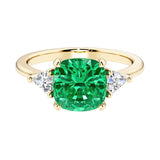 Cushion cut 3 stone engagement ring with soft corners and vintage charm.