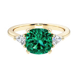 Cushion cut 3 stone engagement ring with soft corners and vintage charm.