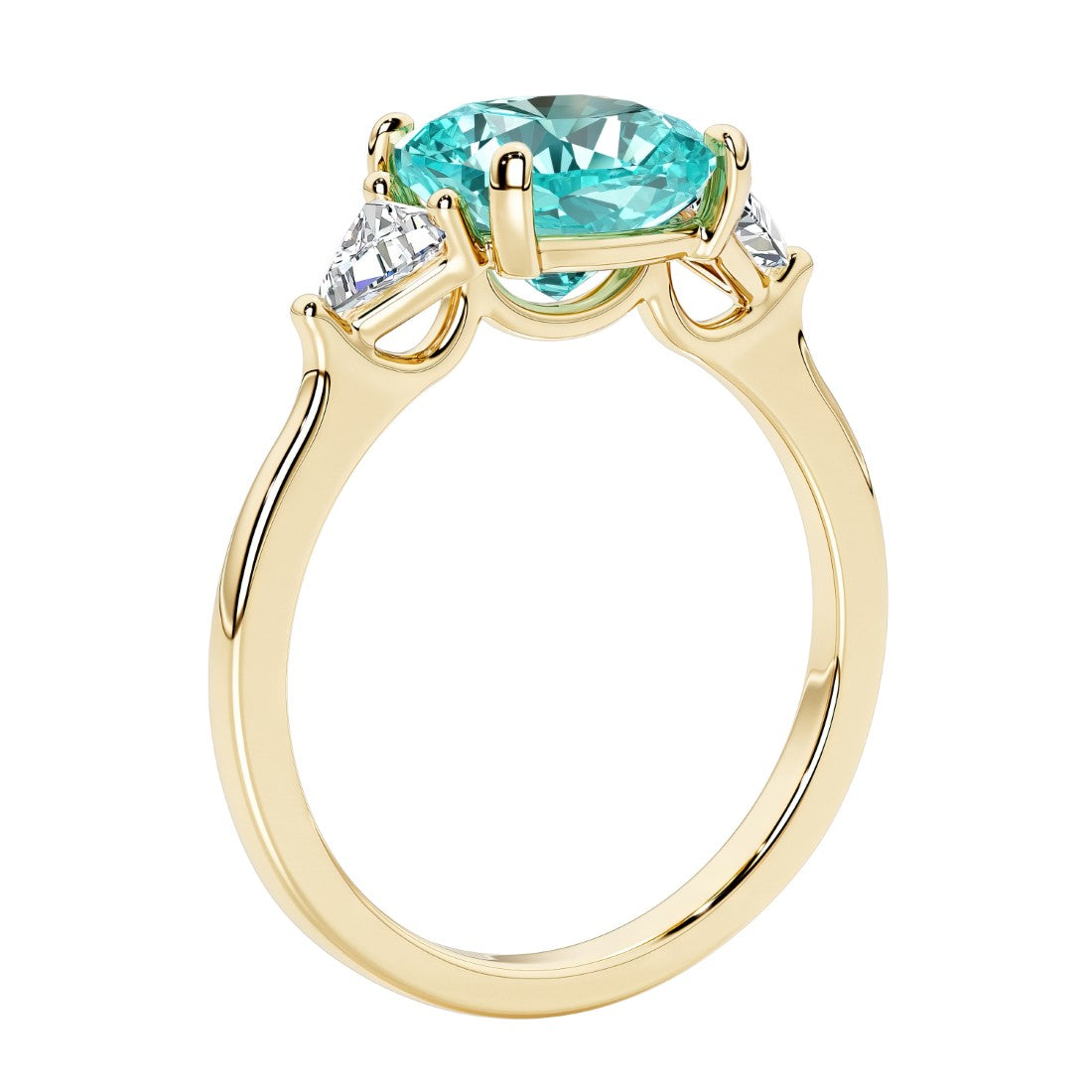 Three stone cushion diamond ring in yellow gold setting with paraiba tourmaline and diamonds.