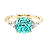 Cushion cut 3 stone engagement ring with soft corners and vintage charm.