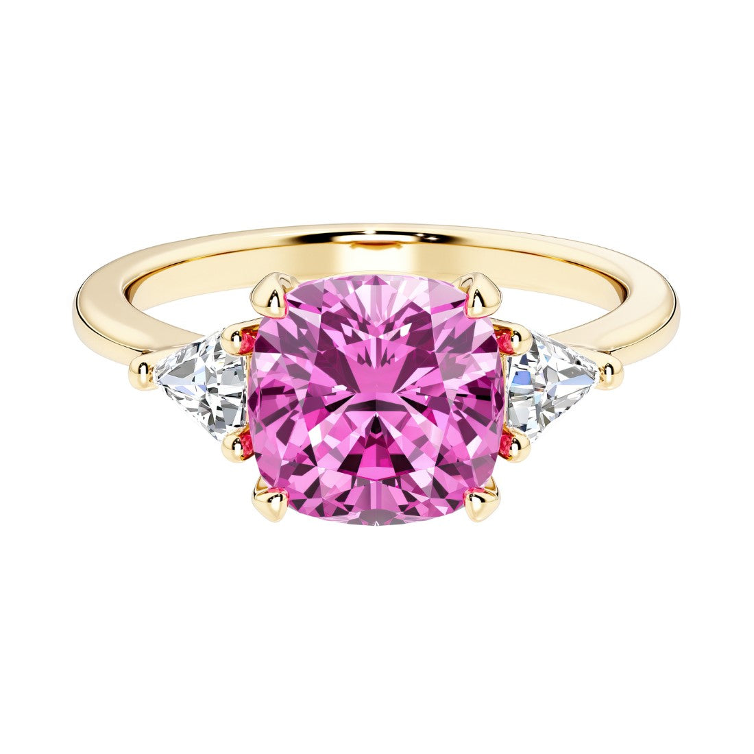 Cushion cut 3 stone engagement ring with soft corners and vintage charm.