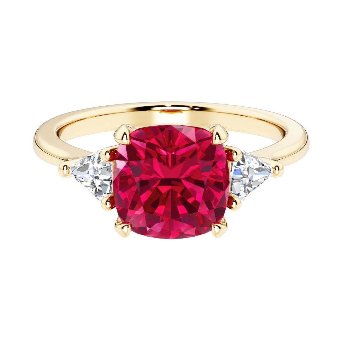 Cushion cut 3 stone engagement ring with soft corners and vintage charm.