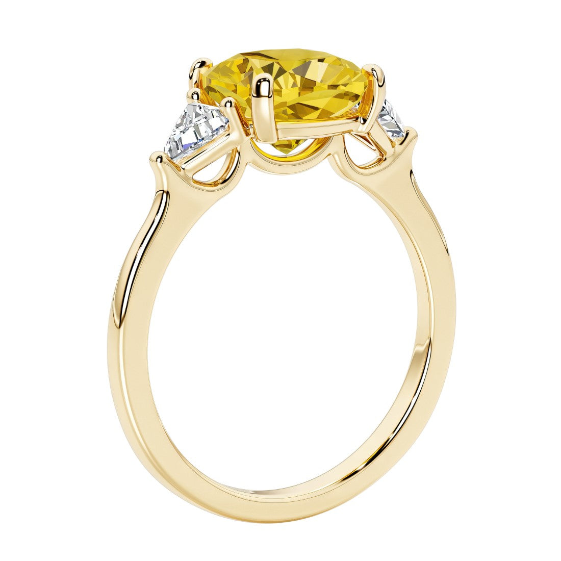 Three stone cushion diamond ring in yellow gold setting with yellow sapphire and diamonds.