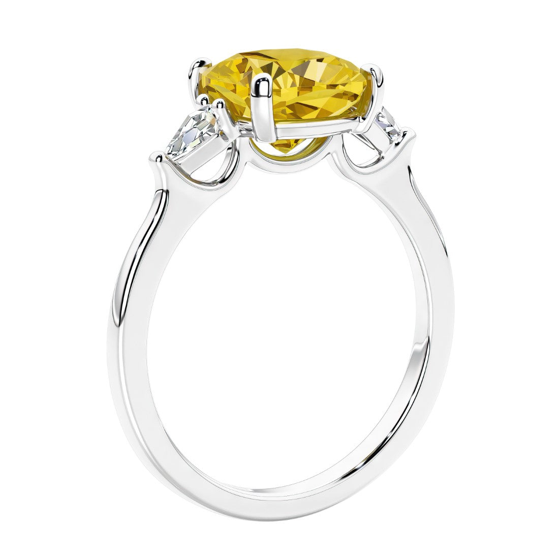 Cushion cut diamond ring as a unique engagement ring featuring three stone design with yellow gemstone and diamonds.