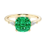 Cushion cut 3 stone engagement ring with soft corners and vintage charm.