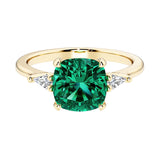 Cushion cut 3 stone engagement ring with soft corners and vintage charm.