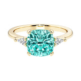 Cushion cut 3 stone engagement ring with soft corners and vintage charm.