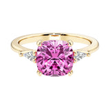 Cushion cut 3 stone engagement ring with soft corners and vintage charm.