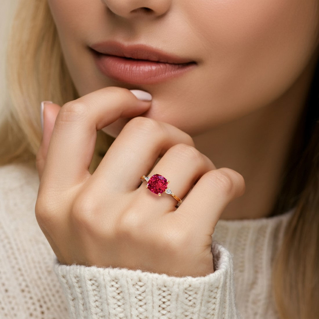 Woman wearing a cushion cut 3 stone ring with romantic styling featuring red gemstone and diamonds.