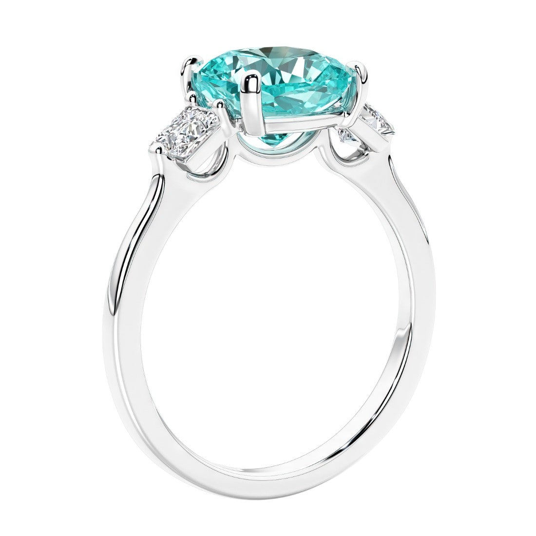 Cushion cut diamond ring as a unique engagement ring featuring three stone design with green gemstone and diamonds.