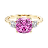 Cushion cut 3 stone engagement ring with soft corners and vintage charm.