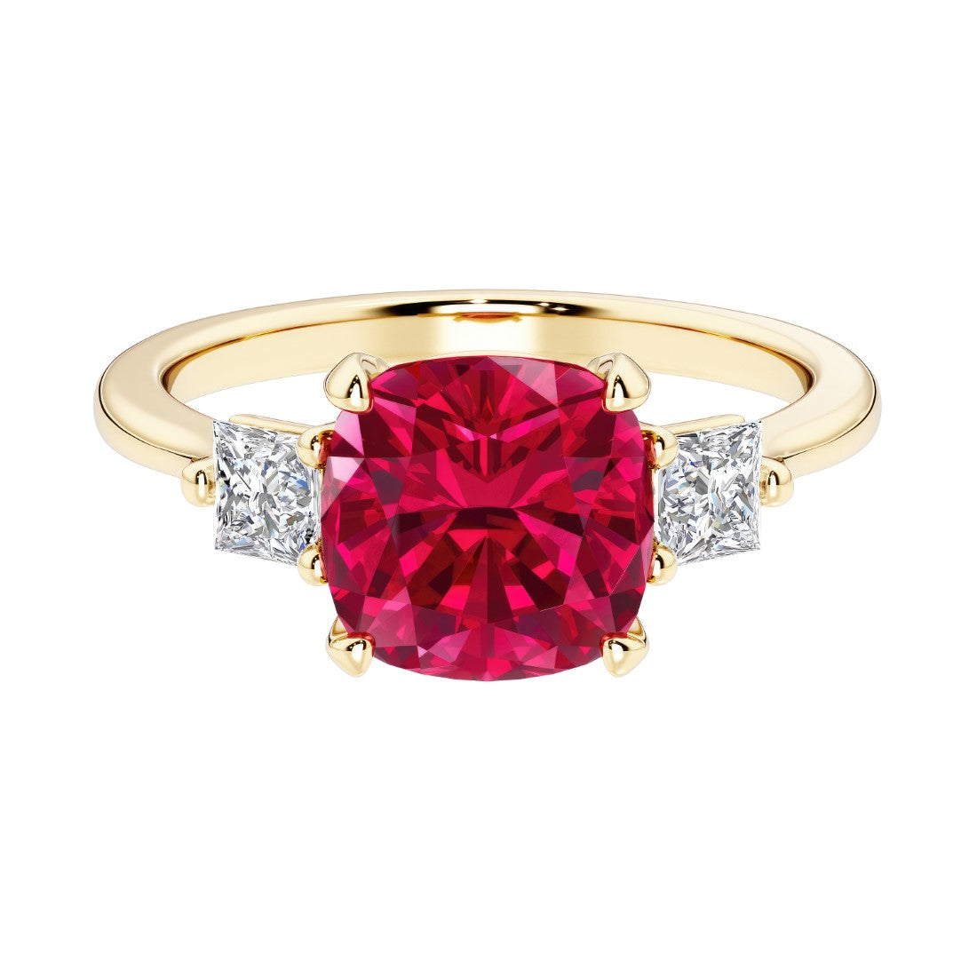 Cushion cut 3 stone engagement ring with soft corners and vintage charm.