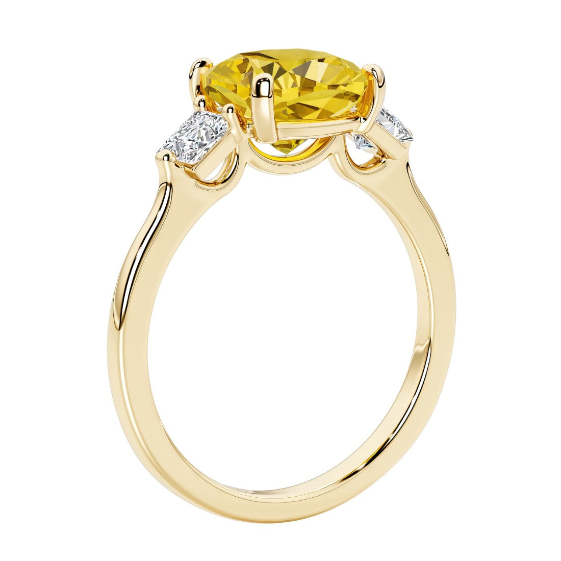 Three stone cushion diamond ring in yellow gold setting with yellow gemstone and diamonds.