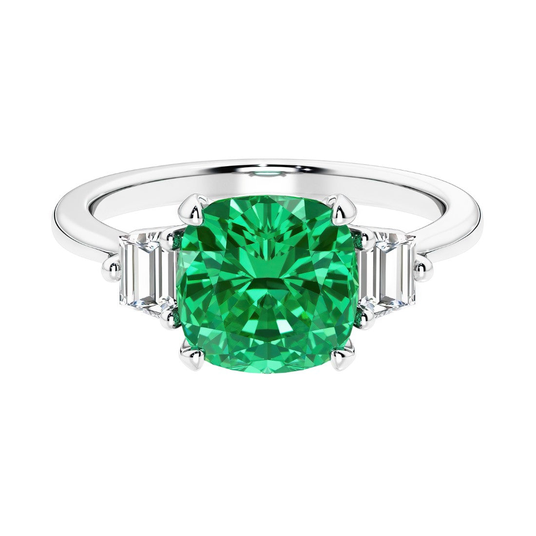 Cushion shaped engagement ring with brilliant diamonds and green gemstone.