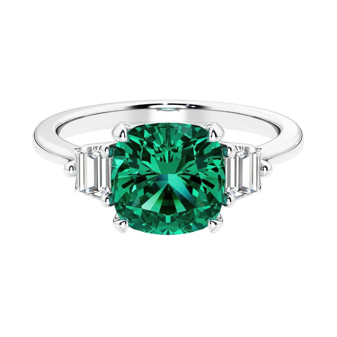 Cushion shaped engagement ring with brilliant diamonds and green gemstone.