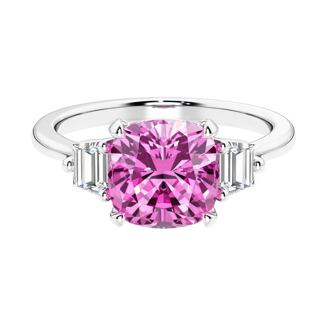 Cushion shaped engagement ring with brilliant diamonds and pink gemstone.