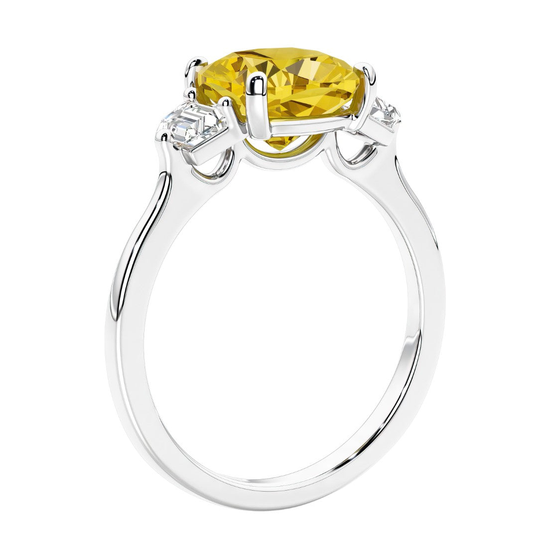Cushion cut diamond ring as a unique engagement ring featuring three stone design with yellow gemstone and diamonds.