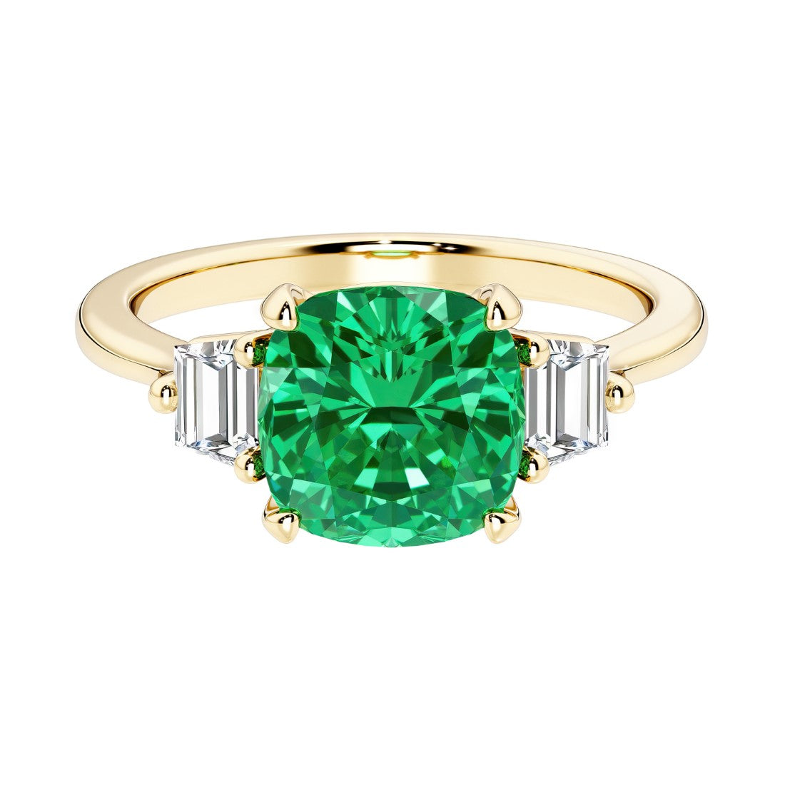 Cushion cut 3 stone engagement ring with soft corners and vintage charm.