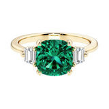 Cushion cut 3 stone engagement ring with soft corners and vintage charm.