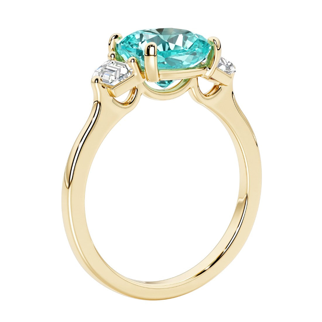 Three stone cushion diamond ring in yellow gold setting with green gemstone and diamonds.
