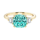 Cushion cut 3 stone engagement ring with soft corners and vintage charm.
