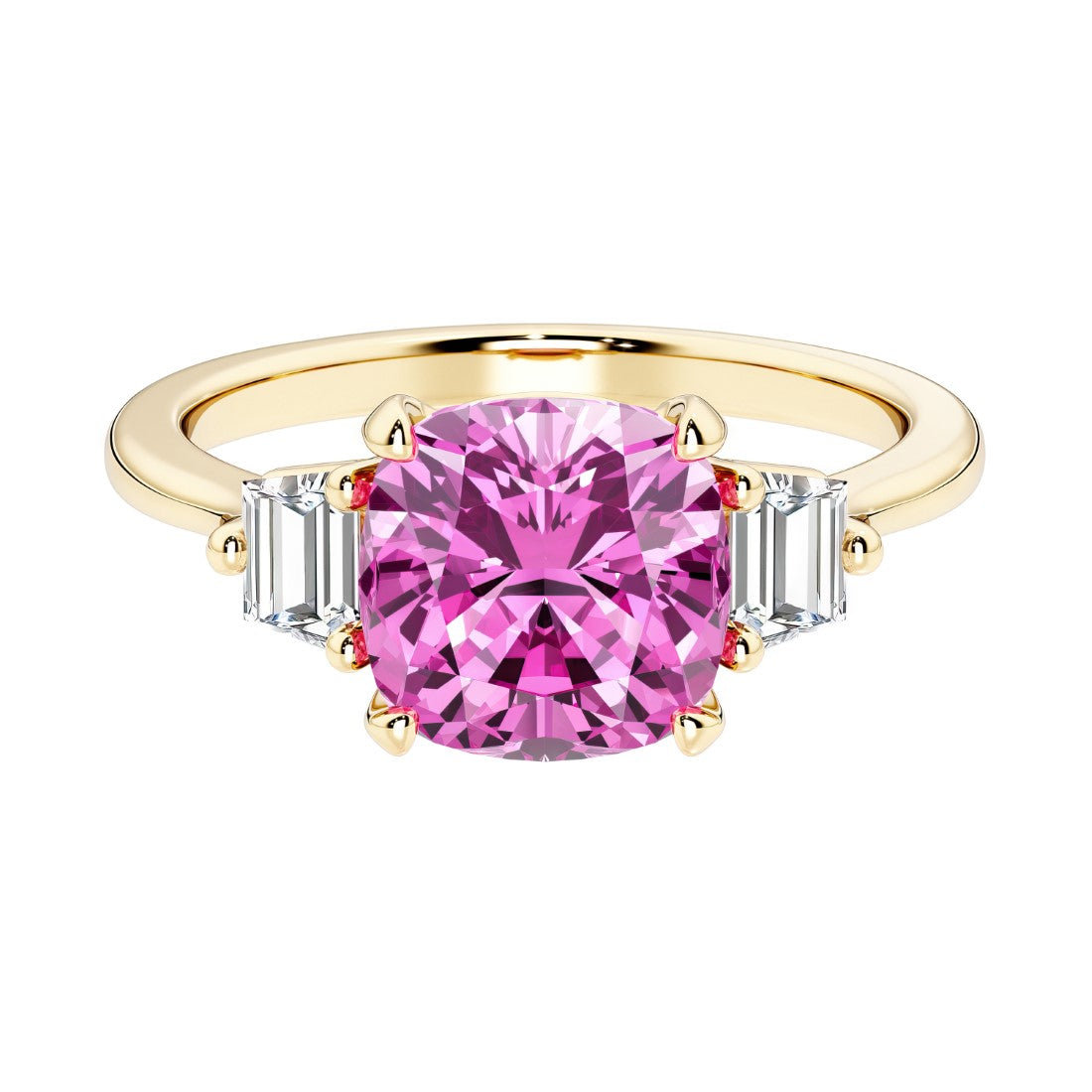 Cushion cut 3 stone engagement ring with soft corners and vintage charm.