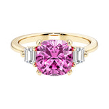 Cushion cut 3 stone engagement ring with soft corners and vintage charm.
