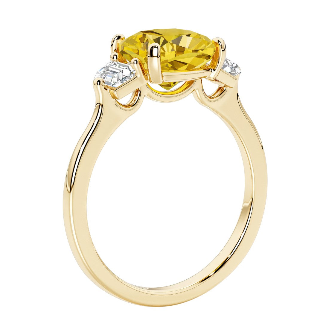 Three stone cushion diamond ring in yellow gold setting with yellow gemstone and diamonds.