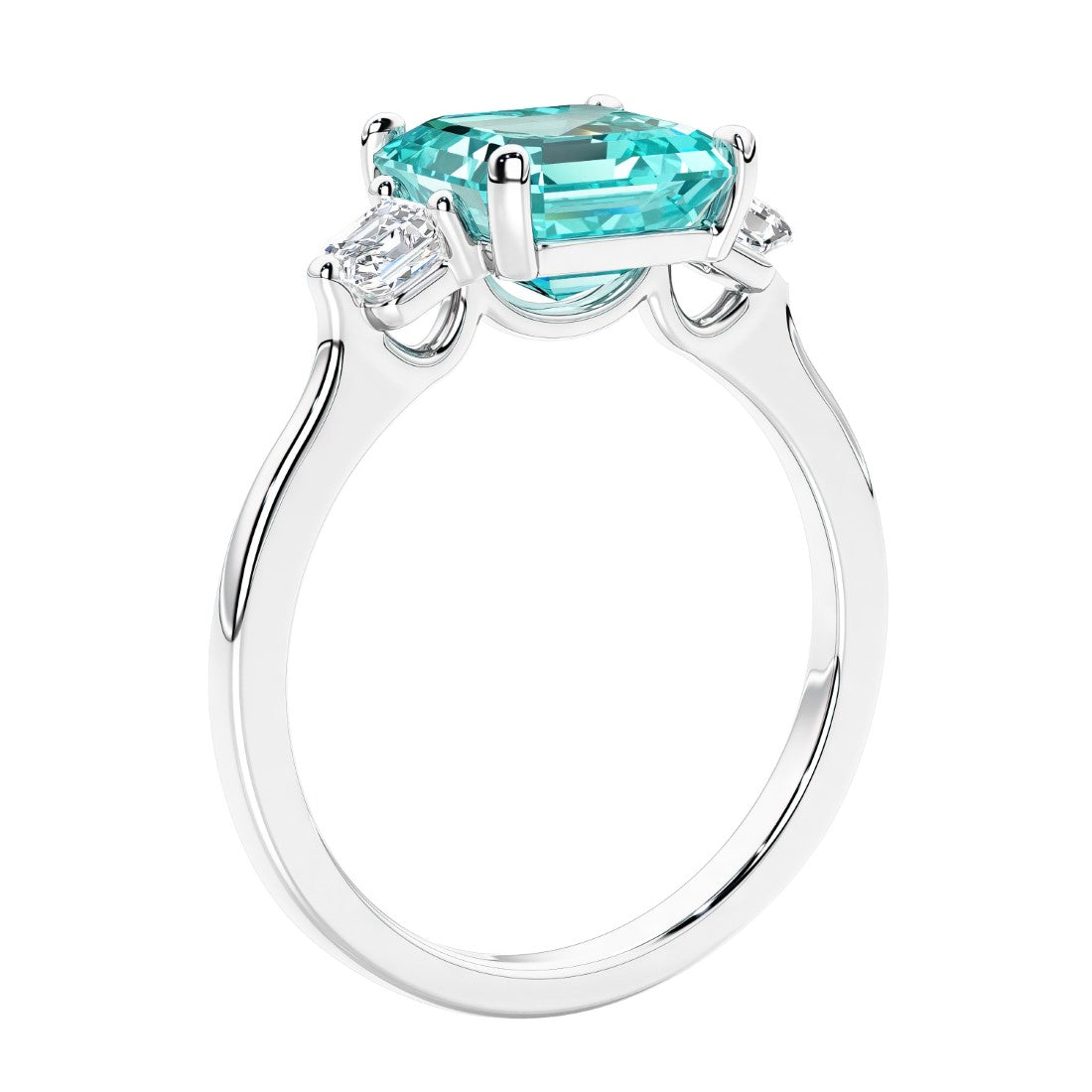 Asscher shaped ring in a timeless three stone ring set with diamond sides.