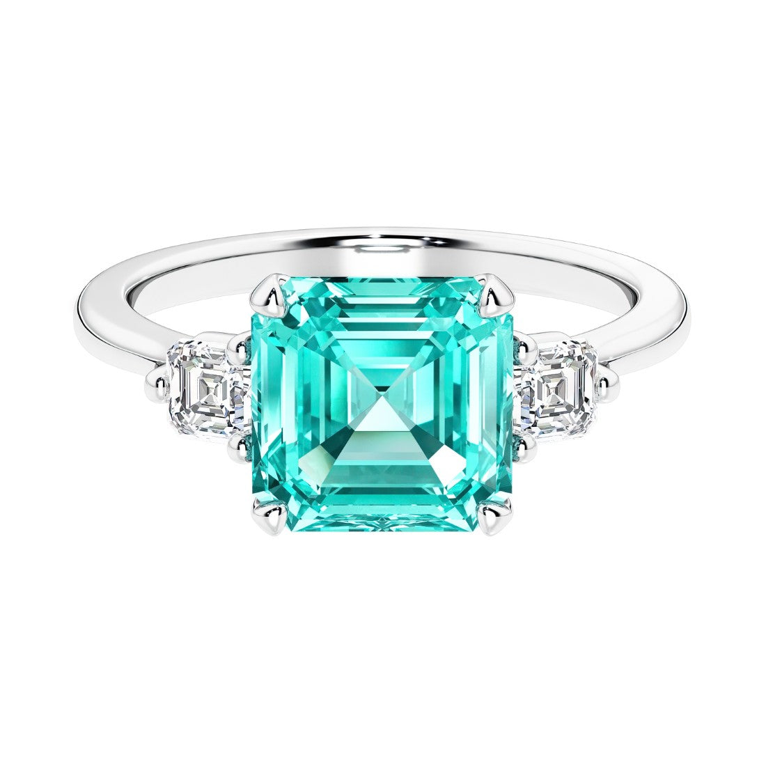 Asscher gemstone diamond ring with step-cut sparkle in a three stone setting.