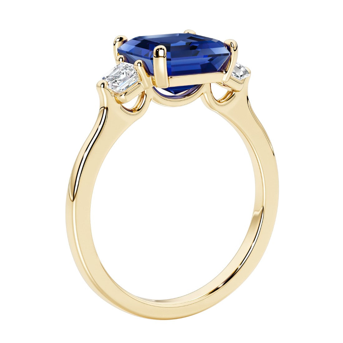 3 stone Asscher cut gemstone diamond ring in a classic Art Deco style.